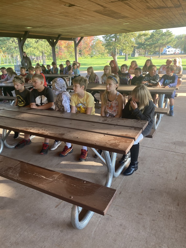 Students seated at picnic tables